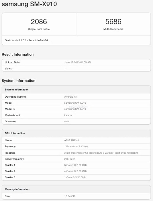 Samsung tablet Tab S9 Ultra appears on the running score website or is equipped with Snapdragon 8 Gen2